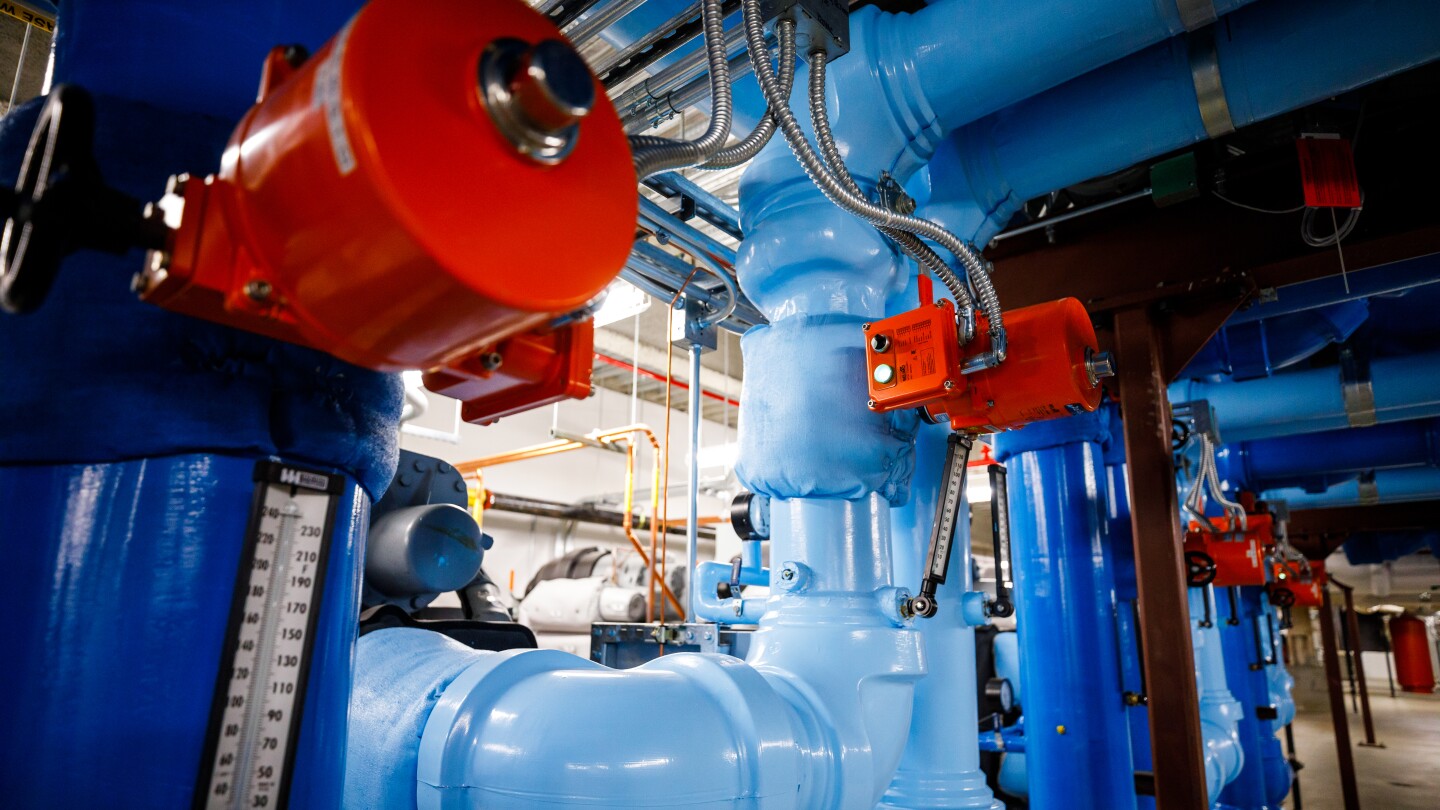industrial water cooling pipes in shades of blue and red.